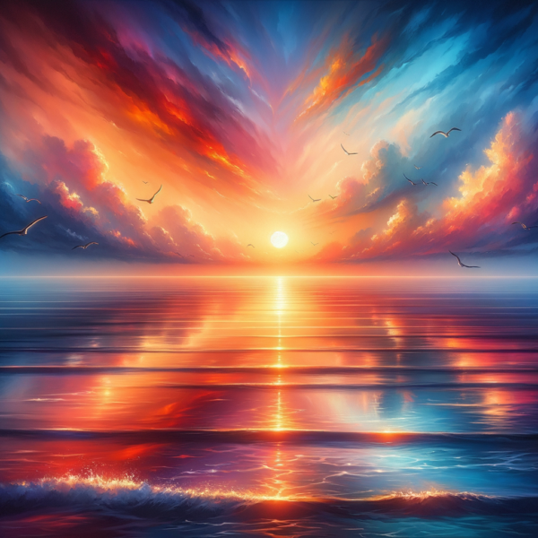 A peaceful sunrise over a calm ocean, symbolizing new beginnings and personal growth