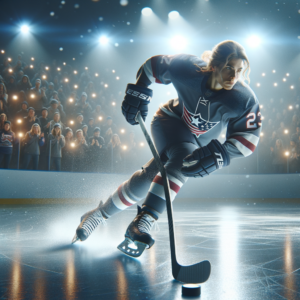 Hockey player achieving peak performance in a seamless glide across the ice.