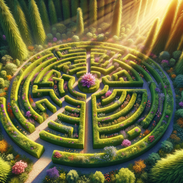 Lush, winding labyrinth garden representing personal growth and self-discovery