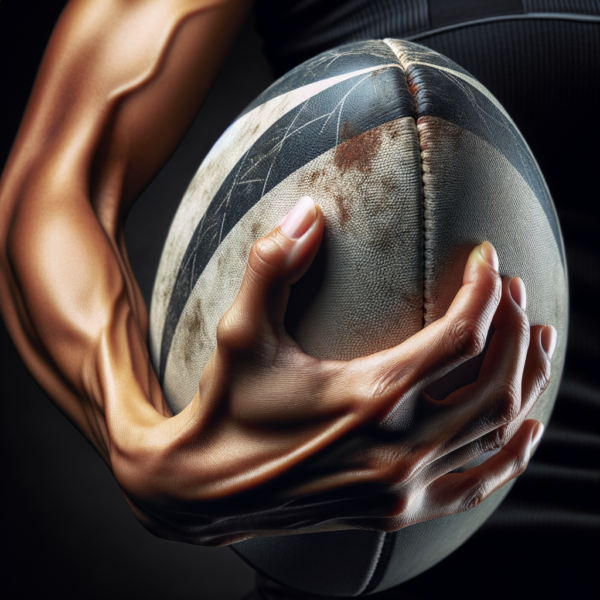 A rugby ball resting securely in a player's hand, symbolizing confidence and control.