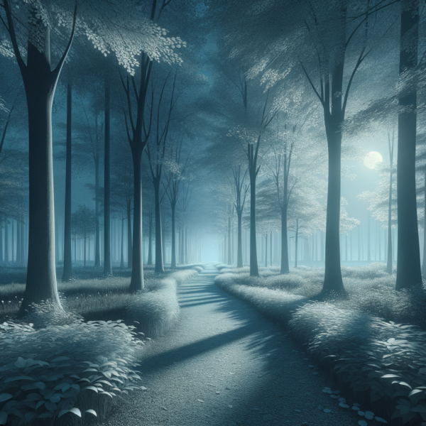 Moonlit forest pathway for inner peace and relaxation