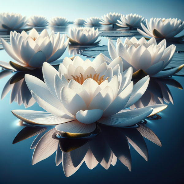 Close-up of delicate white water lilies floating on a still pond