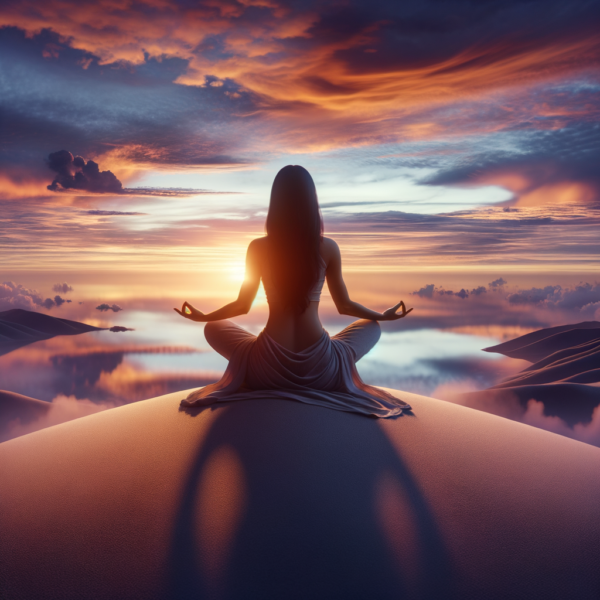 A calm woman meditating on a hillside at sunset.