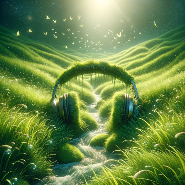 peaceful scene with headphones and nature settings indicating a hypnosis audio experience