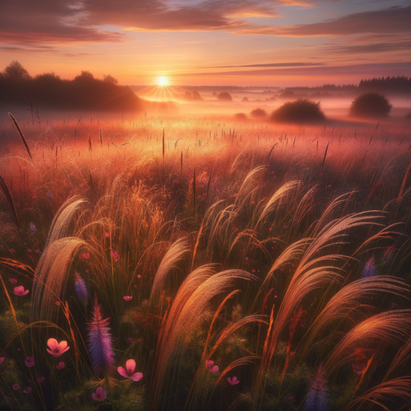 A serene sunrise over a calm meadow, symbolizing new beginnings and peace.