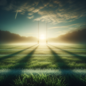 Empty rugby field with soft morning light and a hint of fog