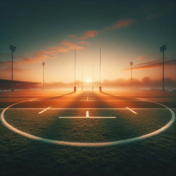 A serene rugby field at sunrise, symbolizing fresh starts and clear minds.