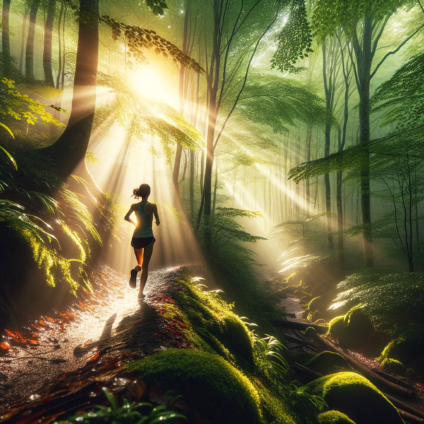 Lone runner contently running on a forest trail