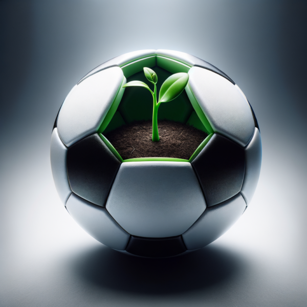 Conceptual visualization of soccer success with a seed growing in a soccer ball halves