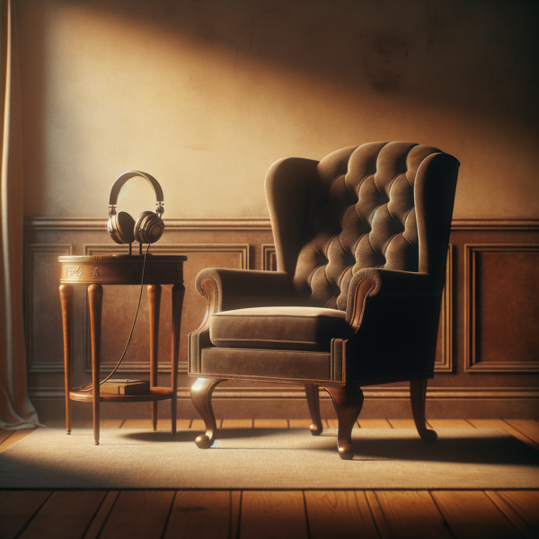 A cozy, serene room with a comfortable chair and headphones waiting to deliver a hypnotic listening experience.