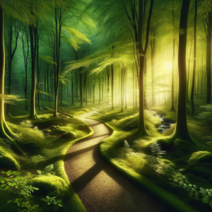 A serene path surrounded by a tranquil forest, symbolizing a journey toward peace and acceptance.