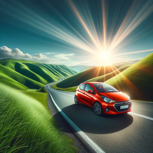 Car driving along a scenic roadside under clear skies