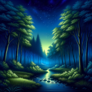 Tranquil twilight forest scene with calm waters