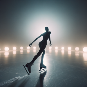 Figure skater gliding gracefully on ice under gentle lighting