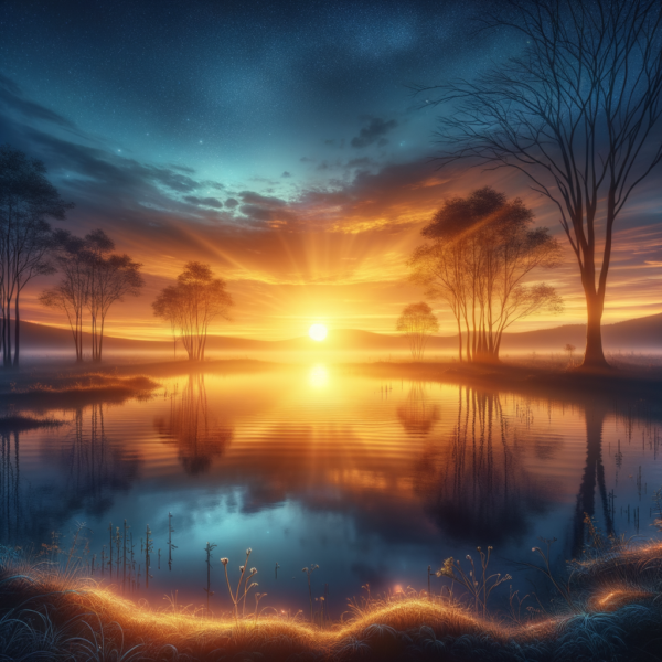 A serene landscape with a bright sunrise symbolizing hope and new beginnings