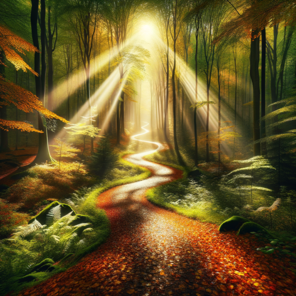 Brilliant beam illuminating a winding path in a tranquil forest setting