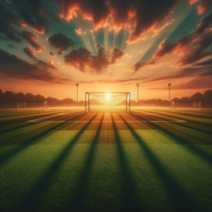 Soccer field under a vibrant sunset with goalposts in the distance