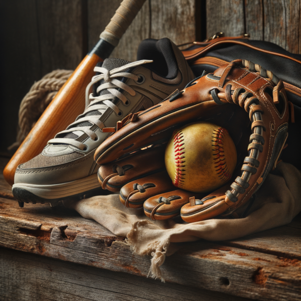 Close-up of softball equipment, with a glove, ball, and helmet