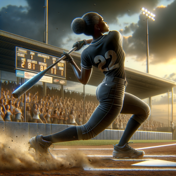 Illustration of a softball player swinging a bat with focus and determination