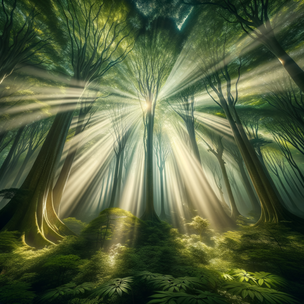 Sunlight filtering through forest trees for calming effect