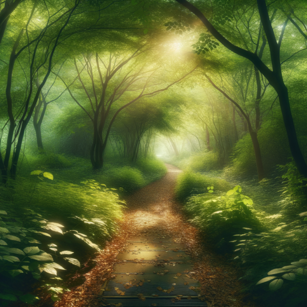 A peaceful forest pathway to illustrate a journey of healing and calm.