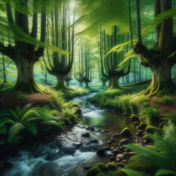 Peaceful woodland scene with flowing stream