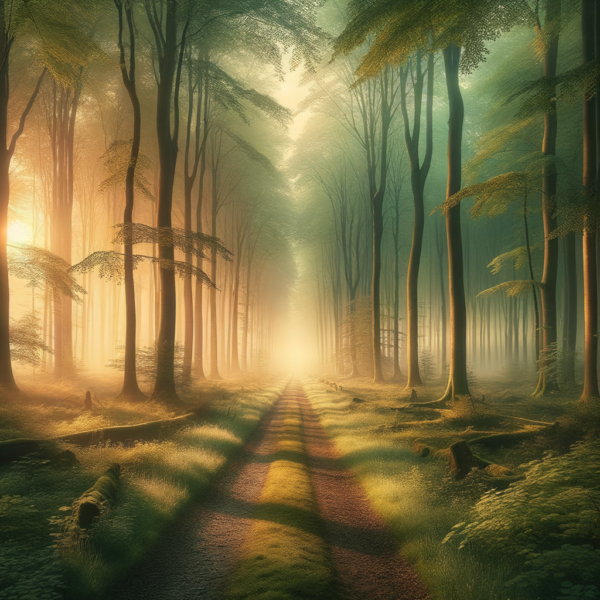 A serene nature scene with a gentle sunrise over a tranquil forest path