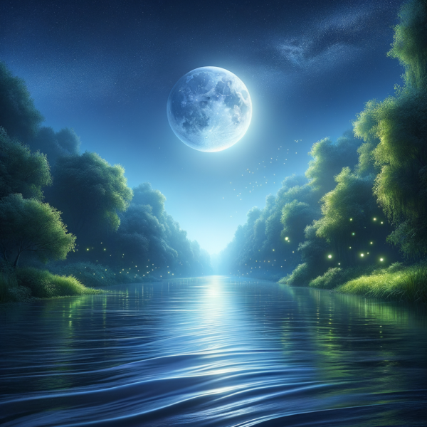 A serene river under the soft glow of moonlight with reflective silvery light