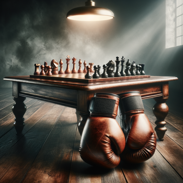 Visualization of a chessboard with boxing gloves, symbolizing strategic thinking in boxing