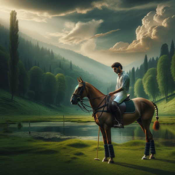 A serene landscape capturing a lone polo player deep in thought on horseback.