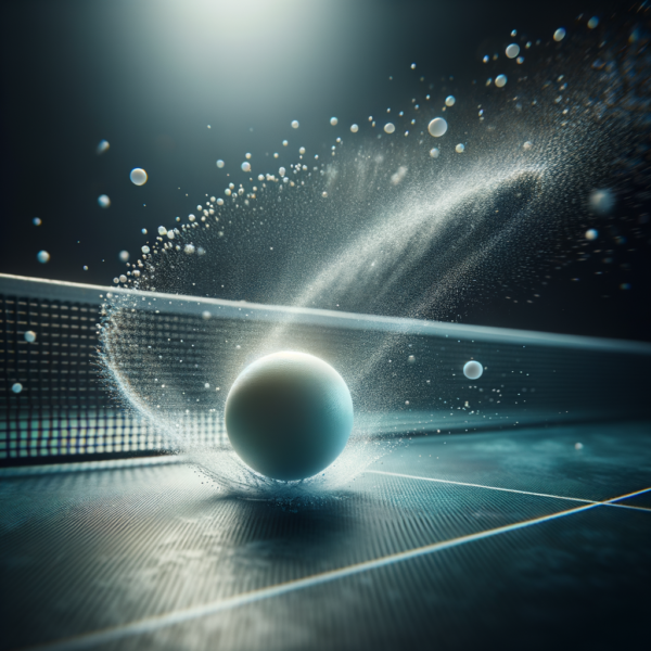 Visualization of successful table tennis technique, with a ball flying accurately over the net.