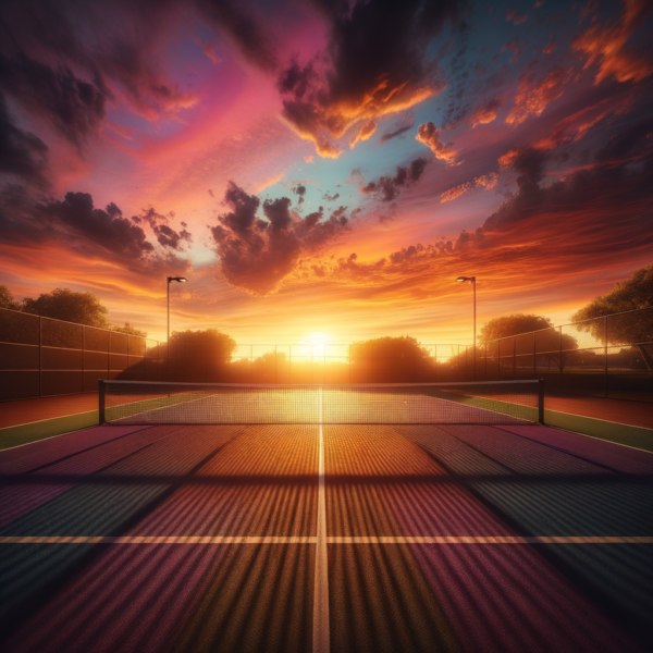 A serene tennis court at sunset, capturing the essence of focus and calmness.