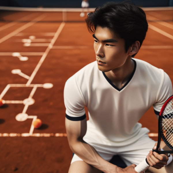 A tennis player visualizing success on the court, with focus and determination.