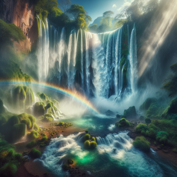 A cascading waterfall with sparkling water droplets in a serene and invigorating natural landscape