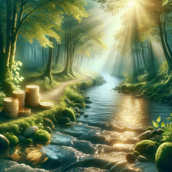 Calm, flowing stream enveloped in serene nature symbolizing tranquil finance