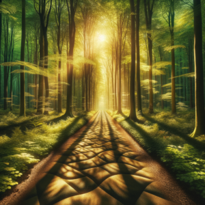 A serene forest path at sunrise representing a new journey in self-discovery and personal growth.