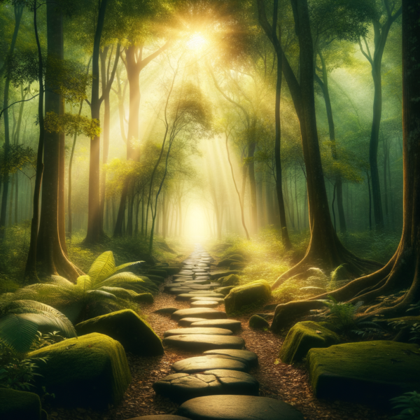 soothing forest path reflecting the journey into self-discovery and inner peace