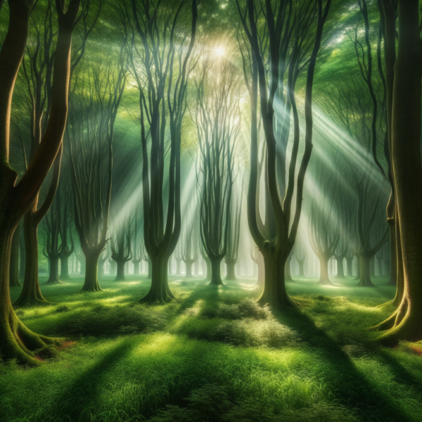 peaceful forest with sunlight filtering through trees