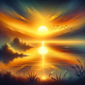 Calming sunrise over serene landscape inspiring productivity