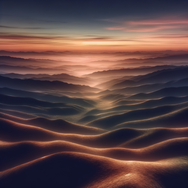 peaceful mountain landscape at dusk with soft lighting