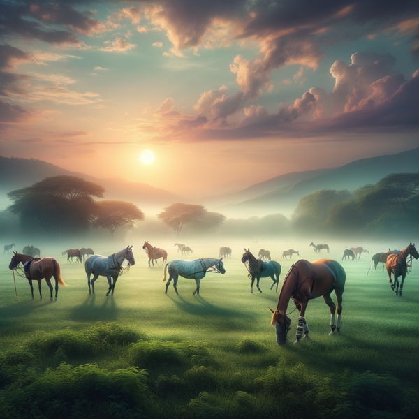 Peaceful polo field during sunrise with mist and horses.