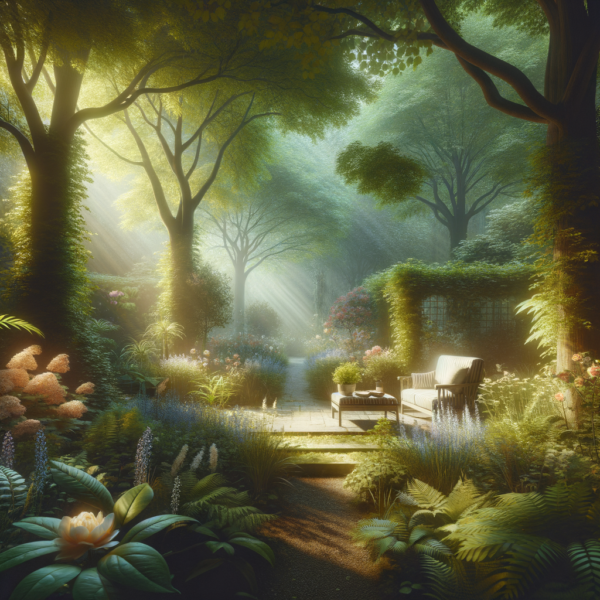 Peaceful garden sanctuary with soft sunlight filtering through leaves