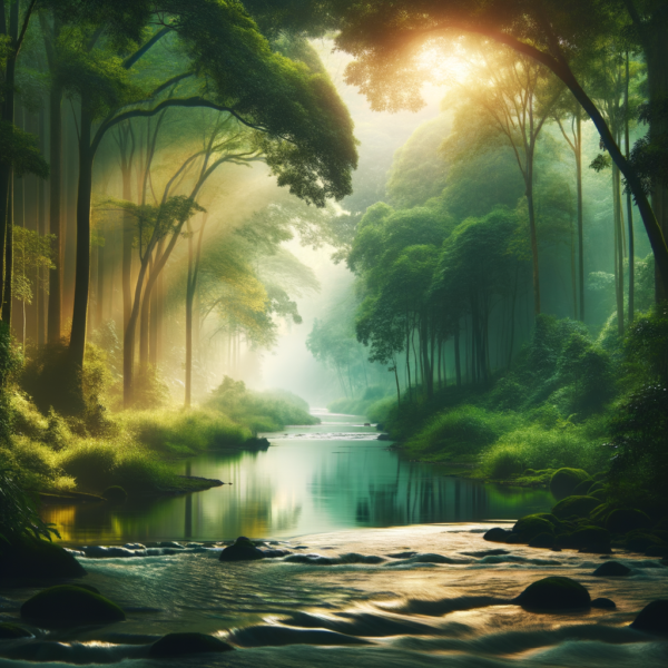 Tranquil setting with a calming river flowing through a forest