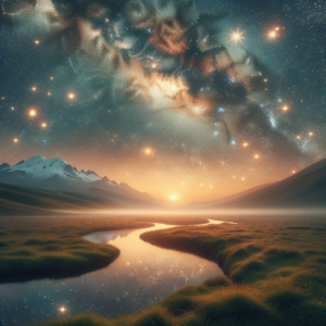 A calm, star-filled night sky over a serene landscape.