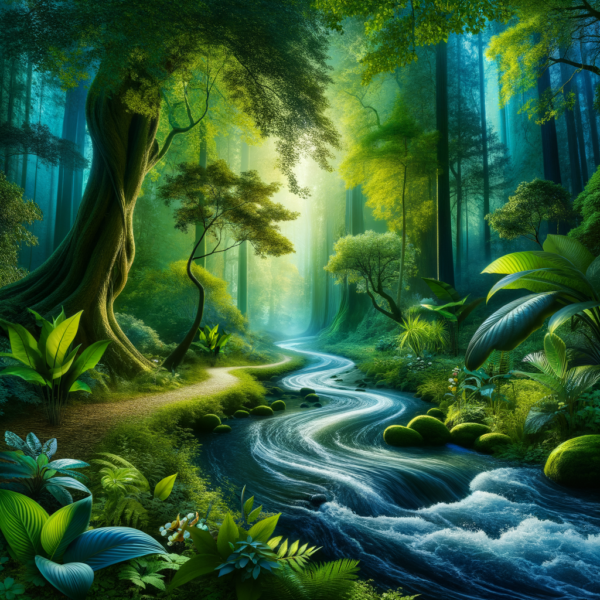 A peaceful stream gently flowing through an enchanted forest