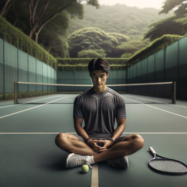 A focused tennis player meditating on a court surrounded by calming nature.