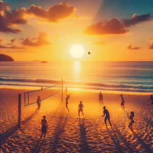 Volleyball beach with a serene sunset backdrop