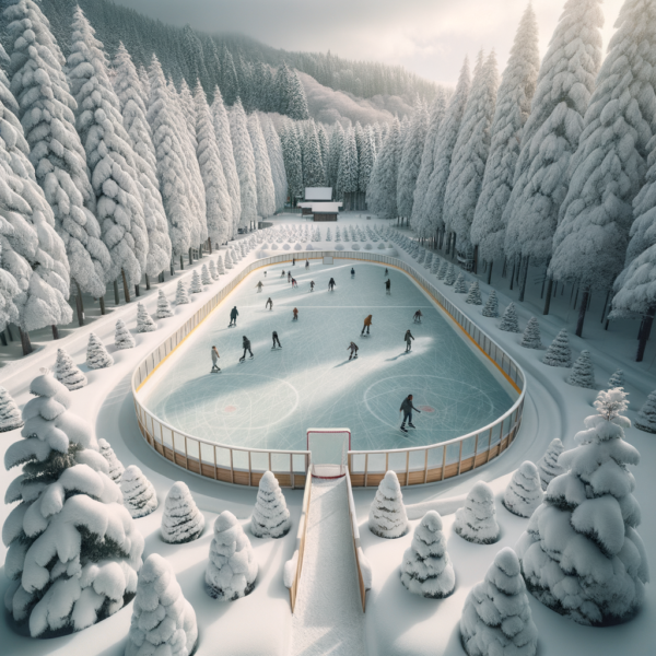 Serene winter landscape with an open ice rink nestled amidst snow-covered trees