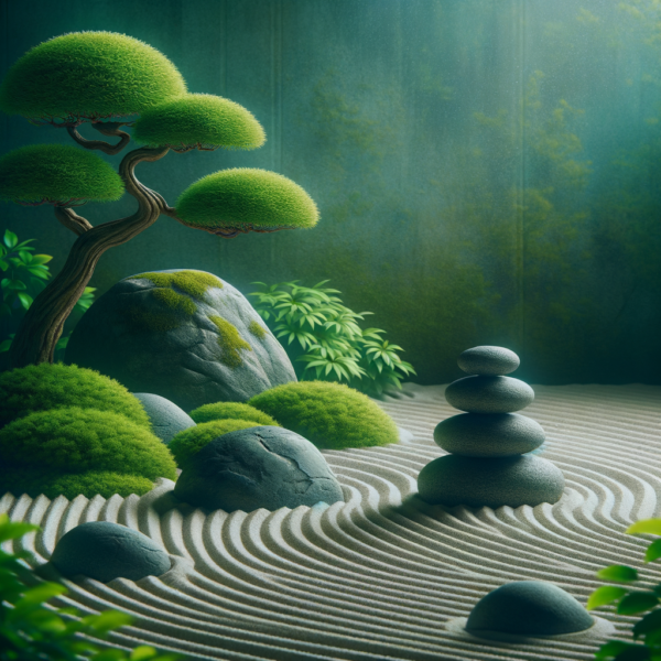 A serene zen garden with balanced stones symbolizing calm and harmony.