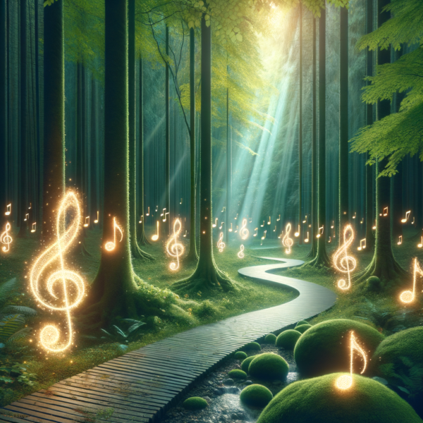 Pathway illuminated by musical notes and light